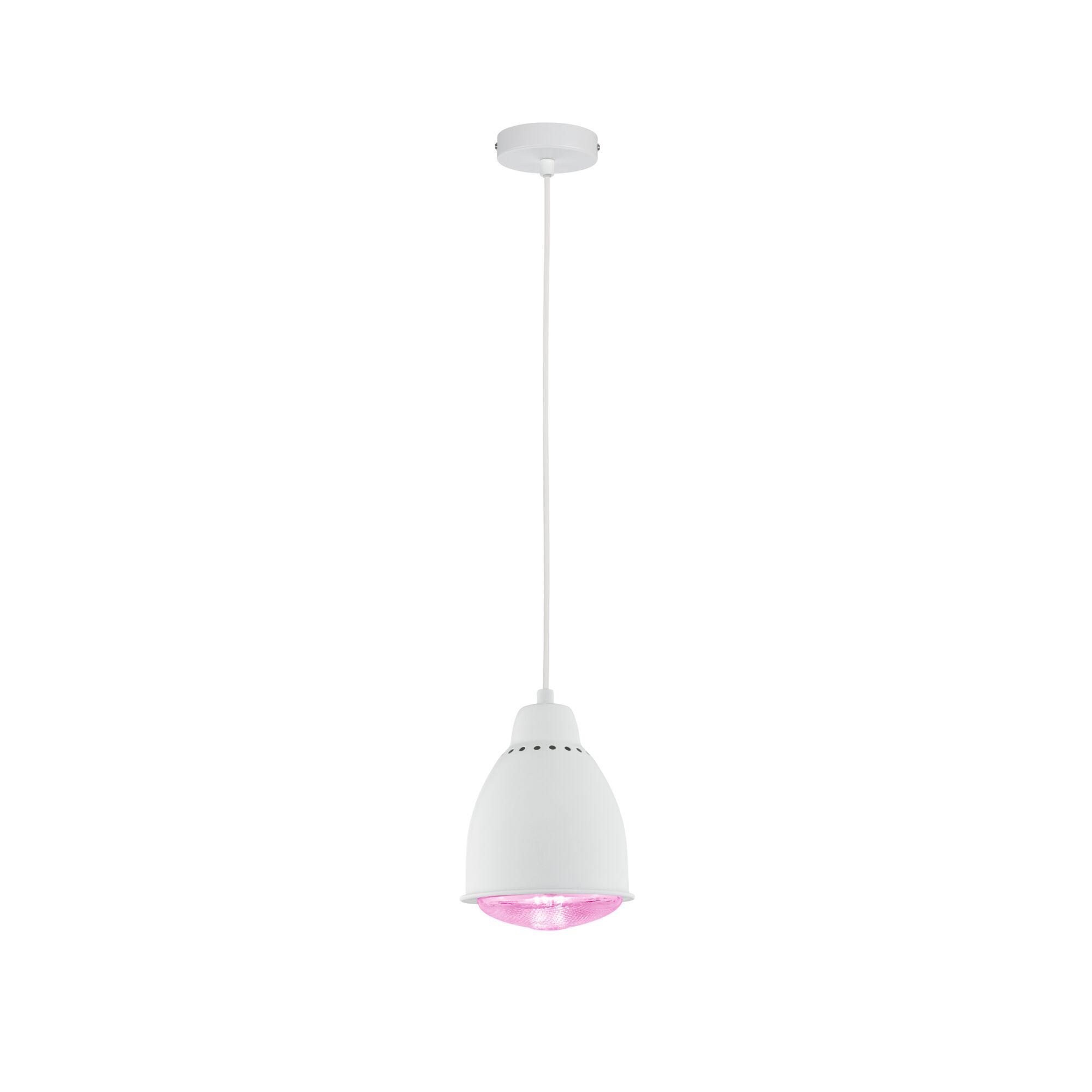 White metal pendant lamp with pink LED light for modern home lighting solutions