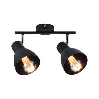 Black metal ceiling light with two adjustable spotlights and warm white LED bulbs