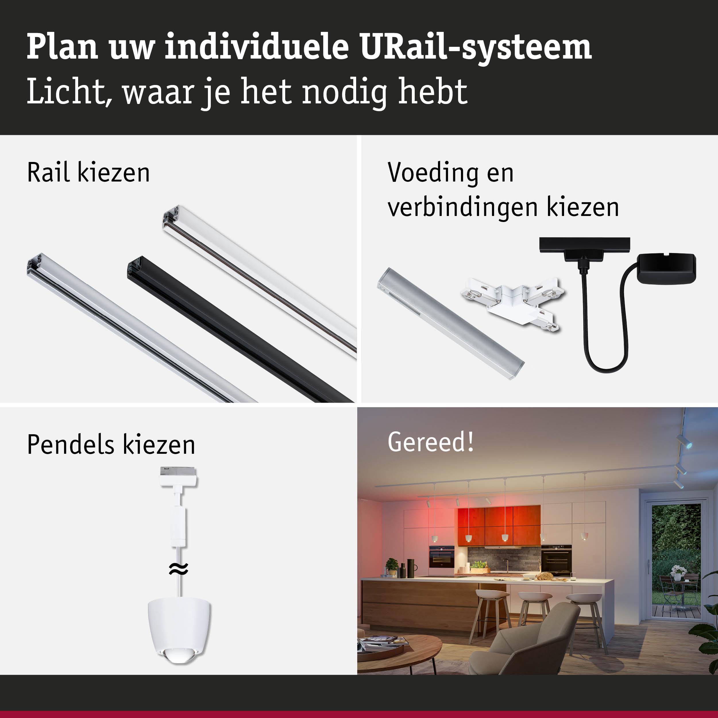Modulair URail-systeem met zwarte en witte rails, verbindingen en pendelarmatuur voor flexibele LED-verlichting