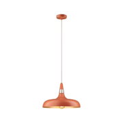 Hängelampe aus Metall in Orange mit goldfarbenem Innenring, moderne Pendelleuchte für Wohnzimmer