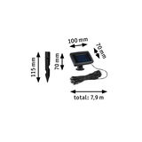 Black solar panel with ground stake and 7.9 m LED string lights for outdoor lighting with dimensions.