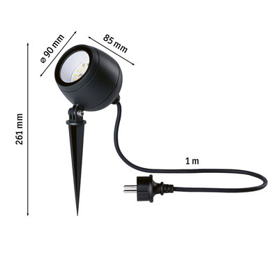 Zwarte LED-tuinschijnwerper met grondpen en 1 meter kabel, 90 mm diameter, 261 mm hoogte