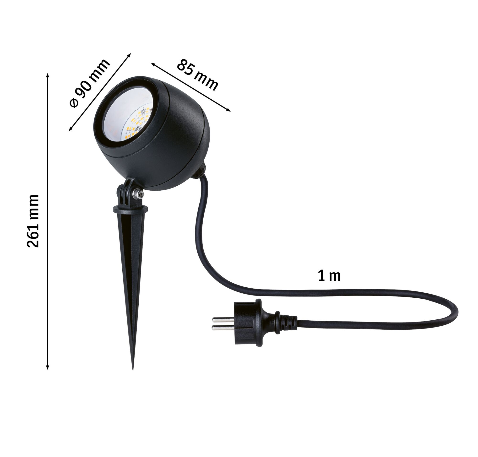 Schwarzer LED-Gartenspot mit Erdspieß und 1 Meter Kabel, Maße 90 mm Durchmesser, 261 mm Höhe