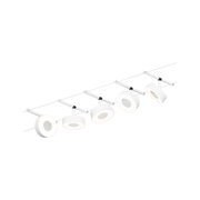 Moderner weißer LED-Seilsystem-Strahler mit fünf runden Leuchten für flexible Raumbeleuchtung