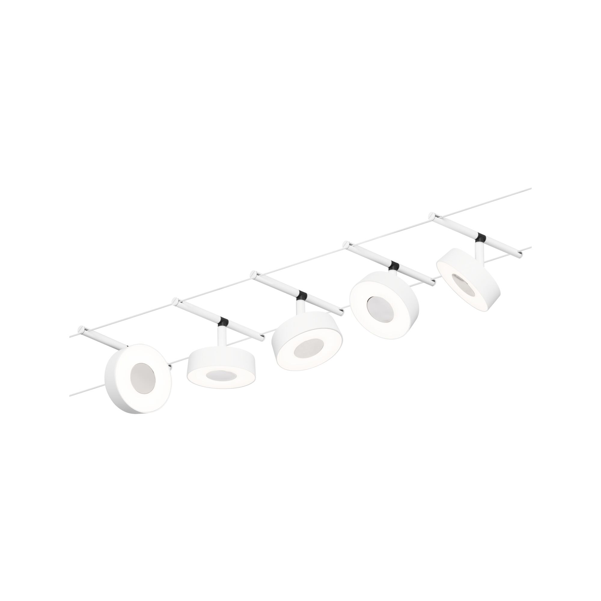 Moderner weißer LED-Seilsystem-Strahler mit fünf runden Leuchten für flexible Raumbeleuchtung