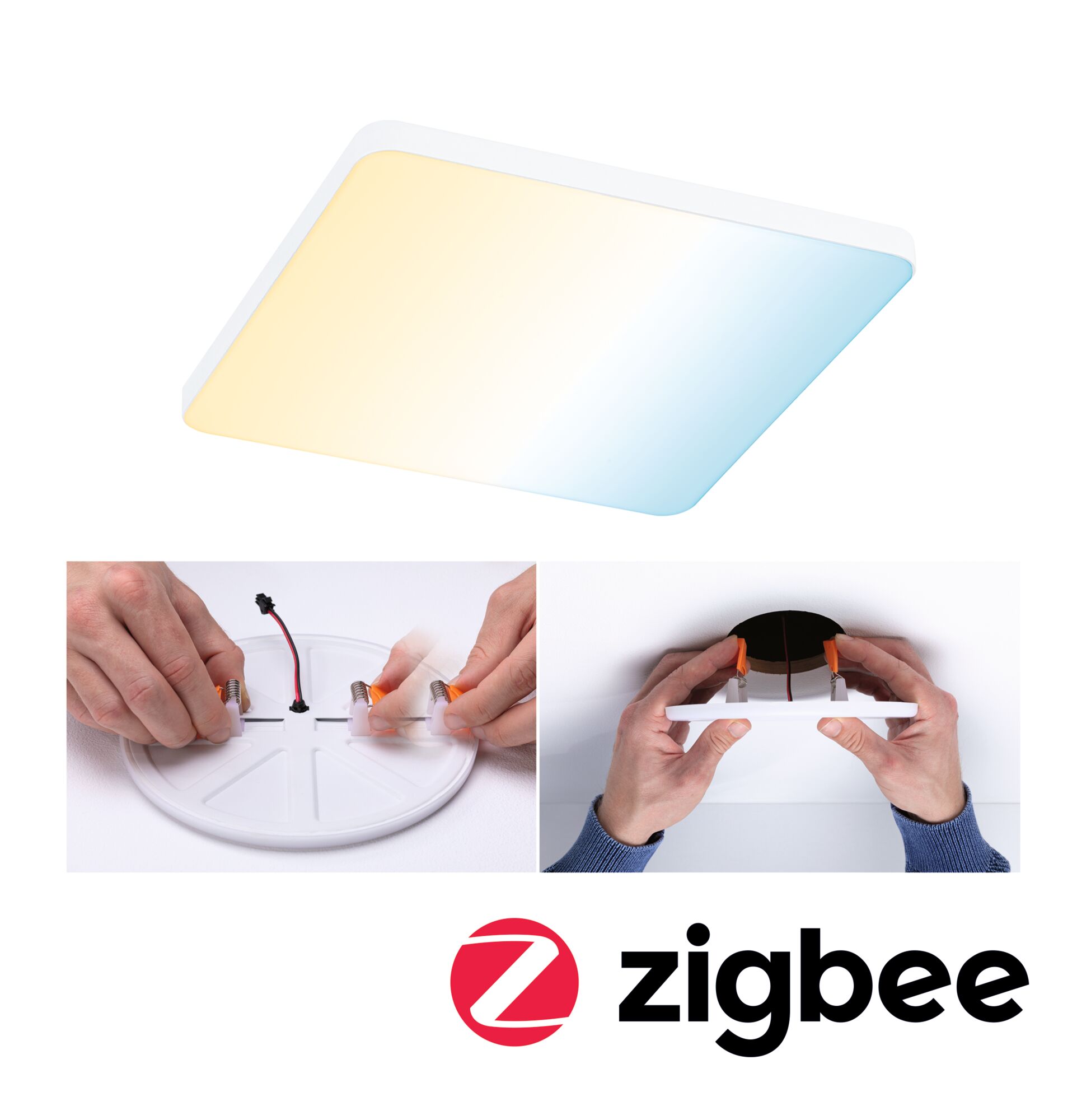 Witte vierkante LED-plafondlamp met warm en koel wit licht, eenvoudige montage met veerklemmen, Zigbee compatibel