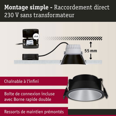 Spot encastré noir avec profondeur de 55 mm et raccordement direct 230 V sans transformateur