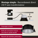 Spot encastré noir avec profondeur de 55 mm et raccordement direct 230 V sans transformateur