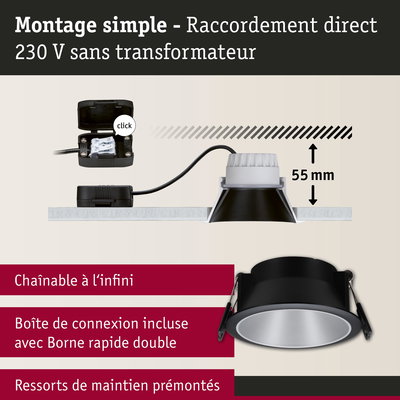 Spot encastré noir avec profondeur de 55 mm et raccordement direct 230 V sans transformateur
