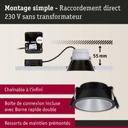 Spot encastré noir avec bord blanc et boîte de connexion pour raccordement direct 230 V, profondeur d'installation 55 mm