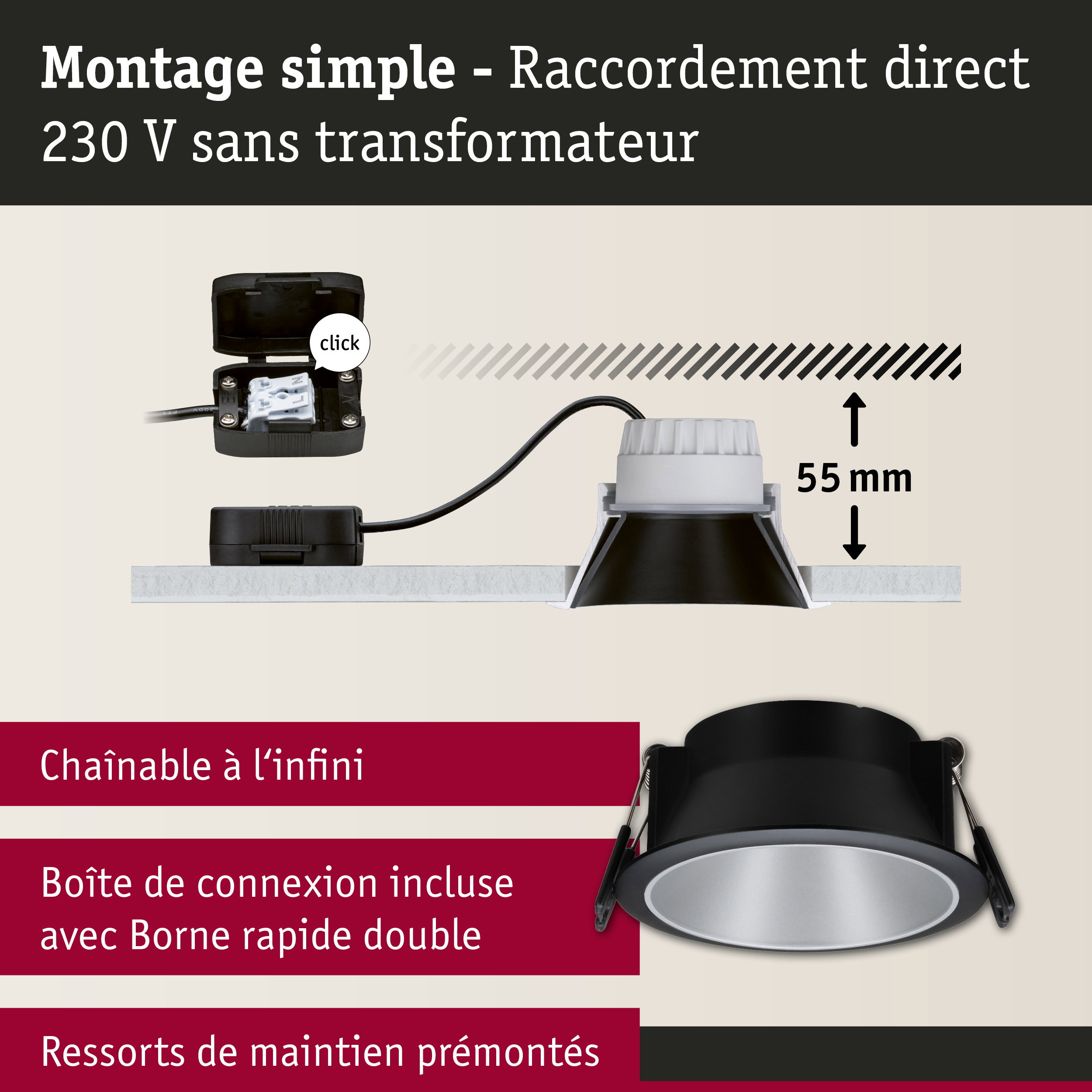 Spot encastré noir avec bord blanc et boîte de connexion pour raccordement direct 230 V, profondeur d'installation 55 mm
