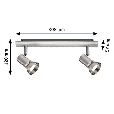 Edelstahl-Deckenstrahler mit zwei verstellbaren Spots, Maße 308x120x52 mm, moderne LED-Beleuchtung