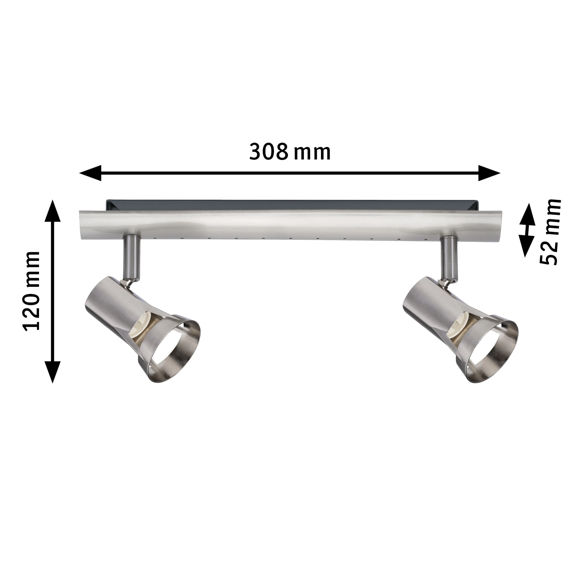 Edelstahl-Deckenstrahler mit zwei verstellbaren Spots, Maße 308x120x52 mm, moderne LED-Beleuchtung