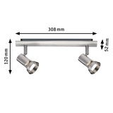 Loftspot i rustfrit stål med to justerbare lamper, mål 308x120x52 mm, moderne LED-belysning