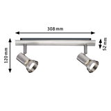 Edelstahl-Deckenstrahler mit zwei verstellbaren Spots, Maße 308x120x52 mm, moderne LED-Beleuchtung