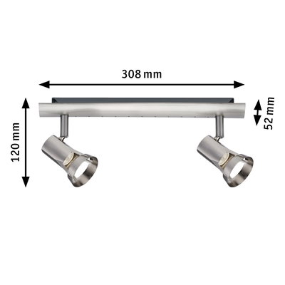 Edelstahl-Deckenstrahler mit zwei verstellbaren Spots, Maße 308x120x52 mm, moderne LED-Beleuchtung