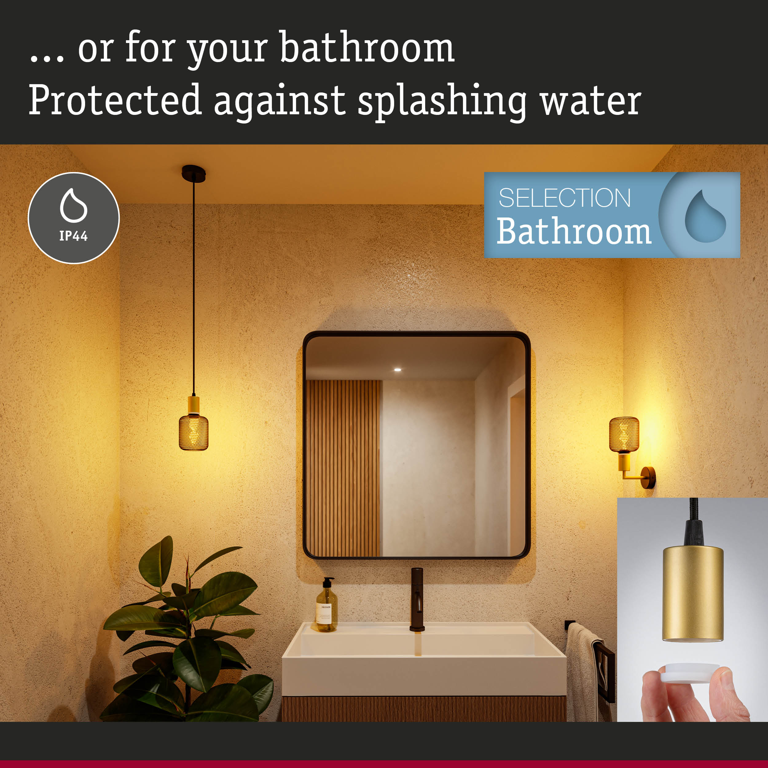 Bathroom with IP44 splash-proof lighting, modern mirror and sink for safe wet area use