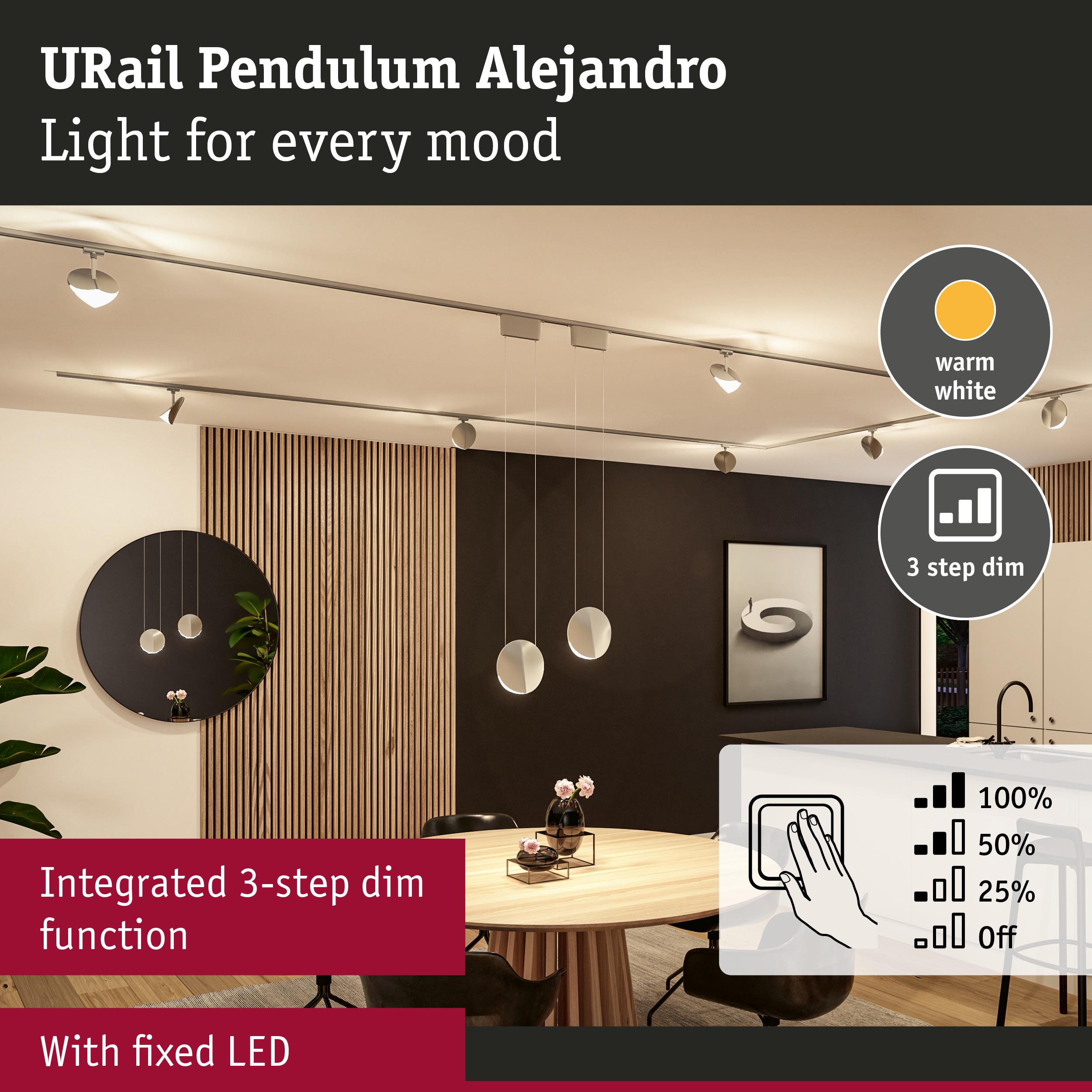 URail Pendulum Alejandro white pendant light with warm white fixed LED and integrated 3-step dim function