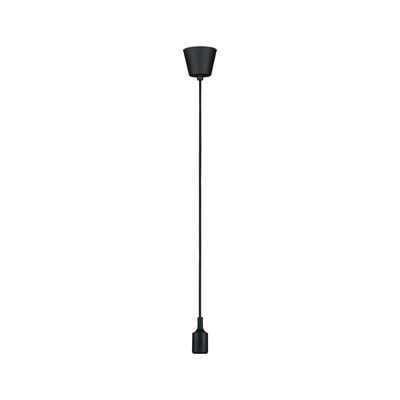 Black metal pendant light with long cord for modern indoor lighting solutions.