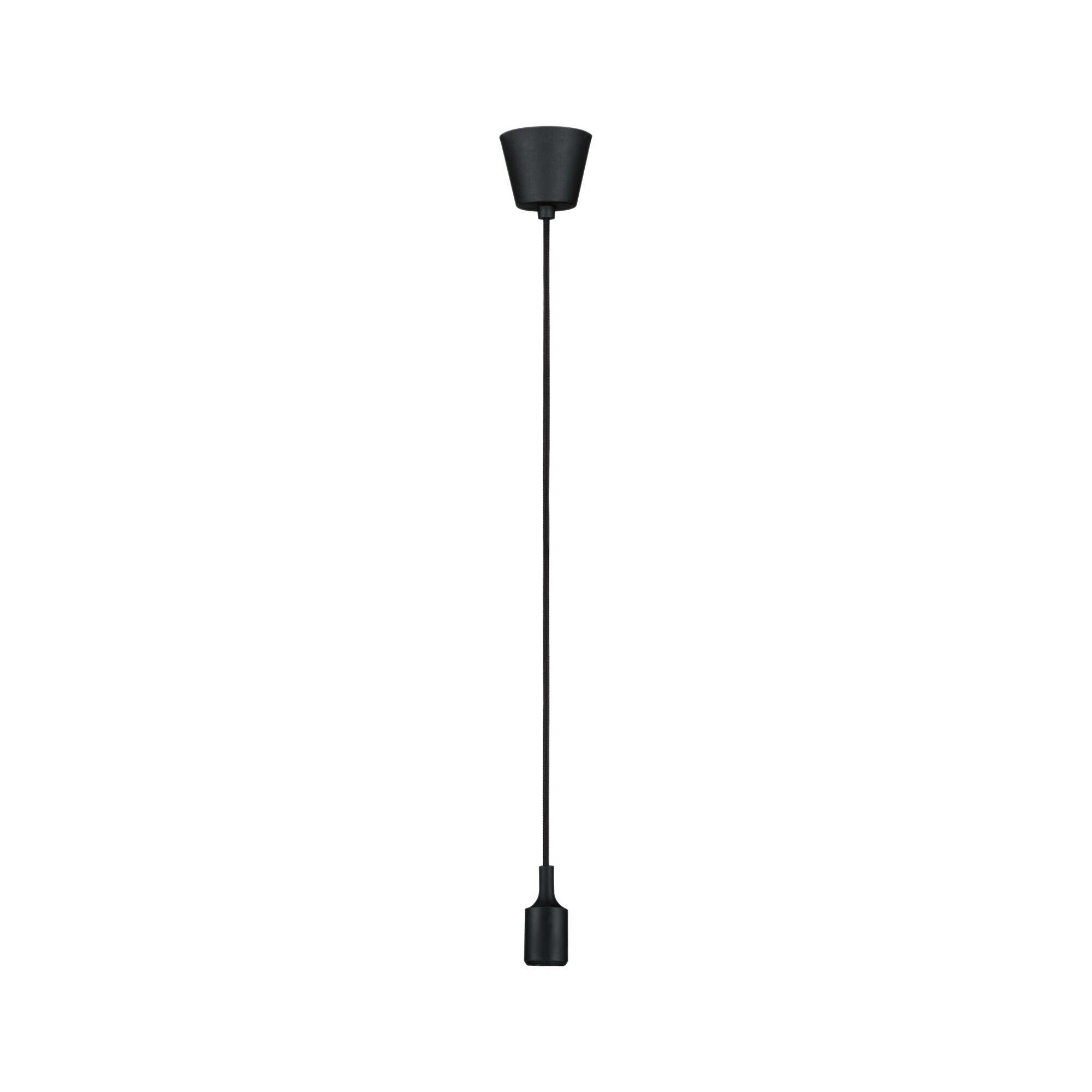 Black metal pendant light with long cord for modern indoor lighting solutions.