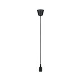 Black metal pendant light with long cord for modern indoor lighting solutions.