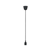 Black metal pendant light with long cord for modern indoor lighting solutions.