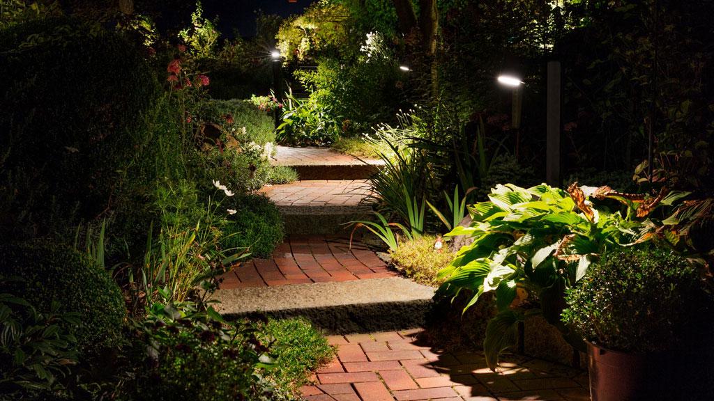 Beleuchteter Gartenweg mit LED-Außenleuchten und grünen Pflanzen für stimmungsvolle Gartenbeleuchtung.