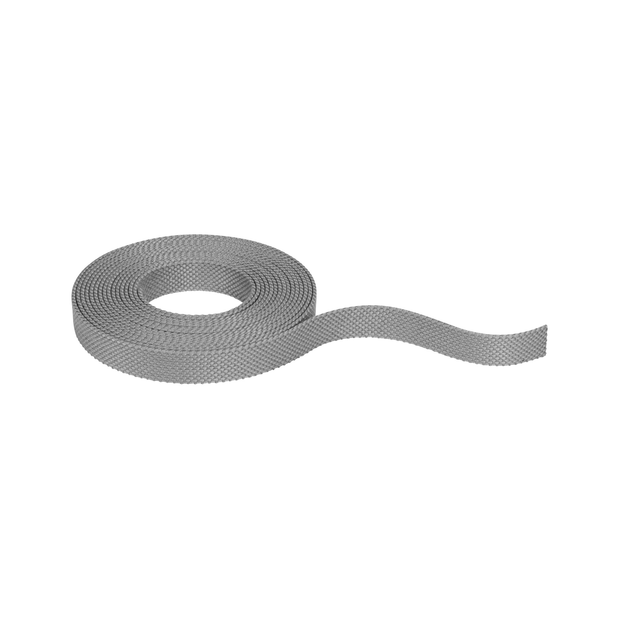 Grey woven textile tape suitable for fastening and cable management in home applications.