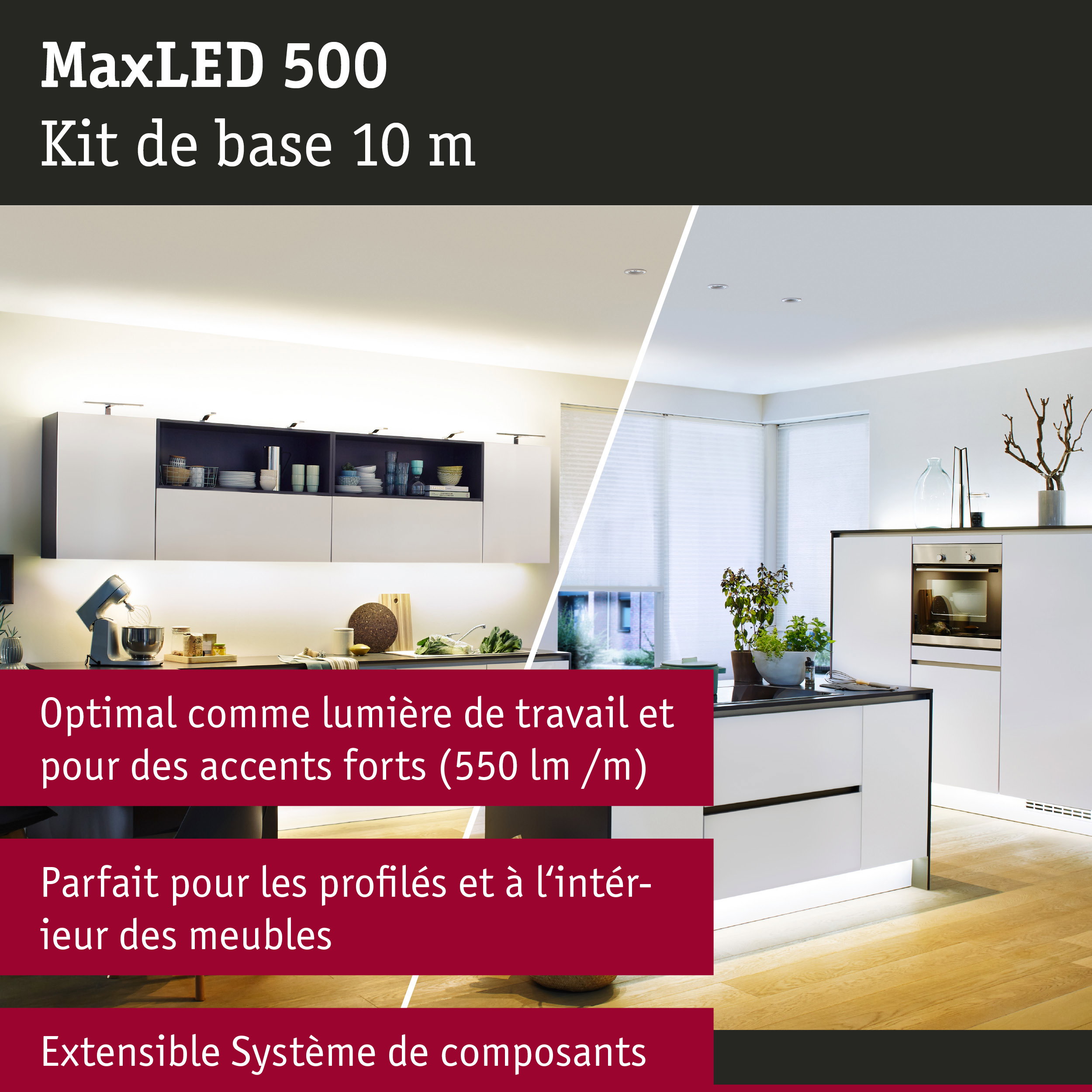 Kit d'éclairage LED MaxLED 500 10 m dans une cuisine moderne avec meubles blancs et sol en bois