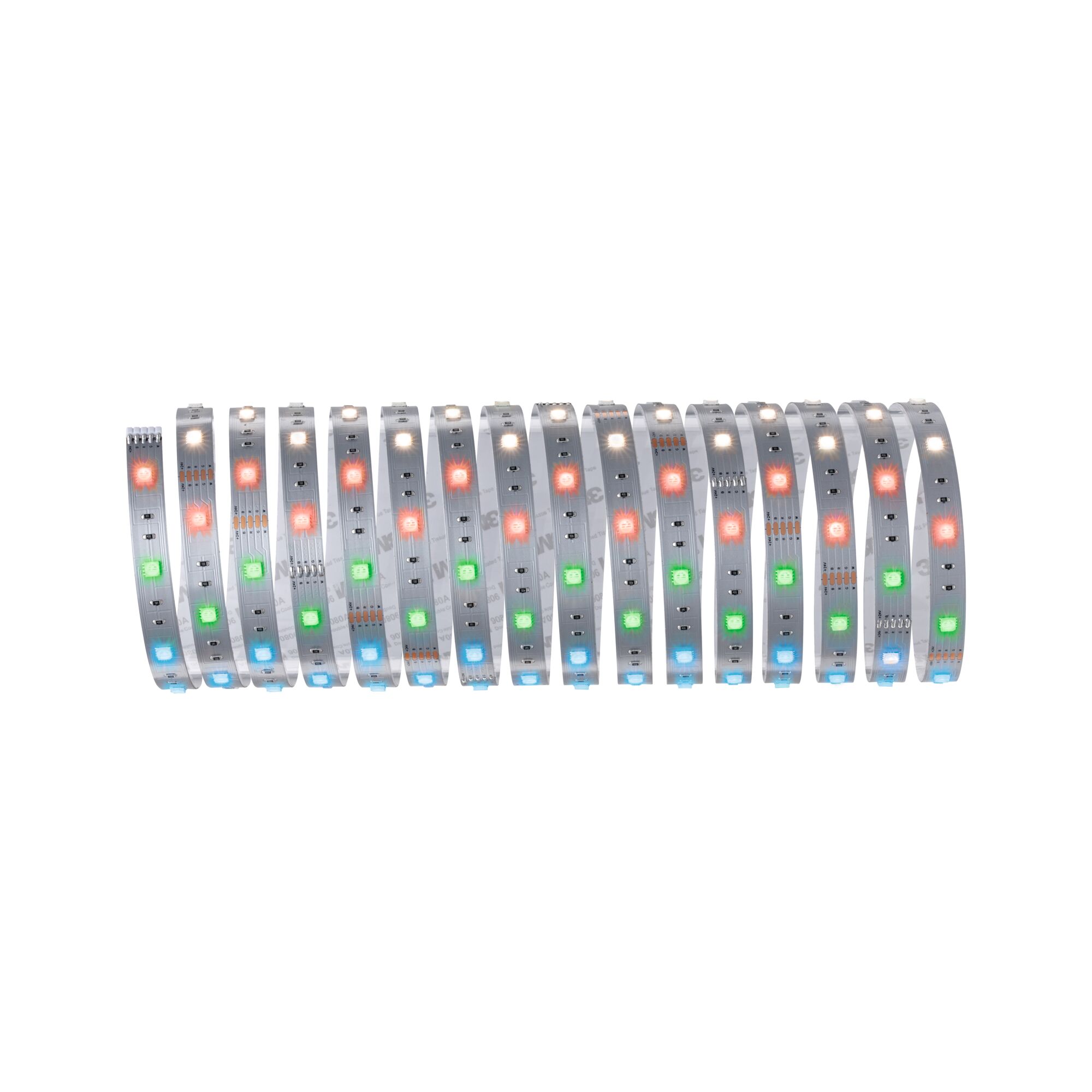 Flexible LED strip with multicolor LEDs on silver board for decorative lighting and ambiance