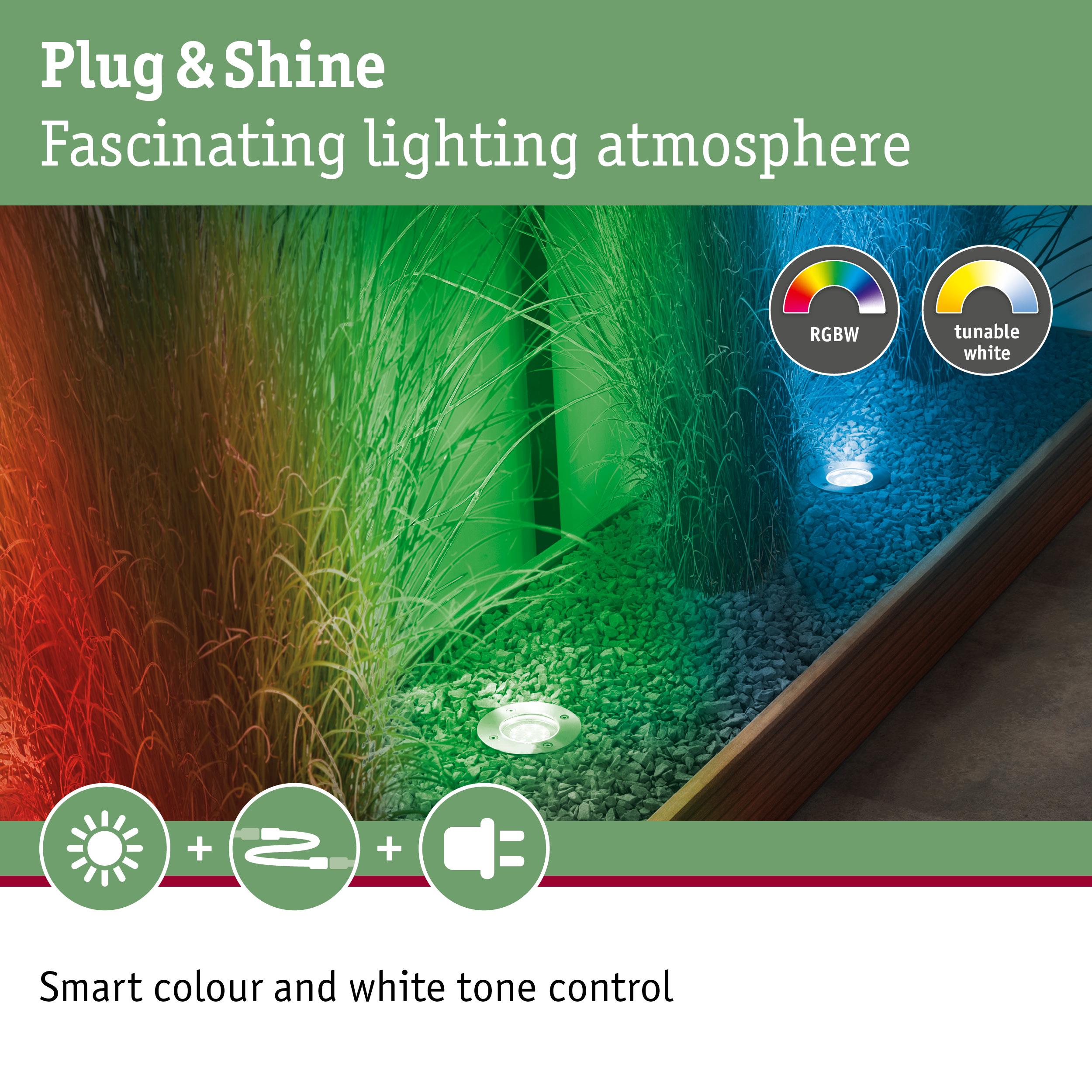 LED ground lights with RGBW color change and tunable white for smart garden lighting control