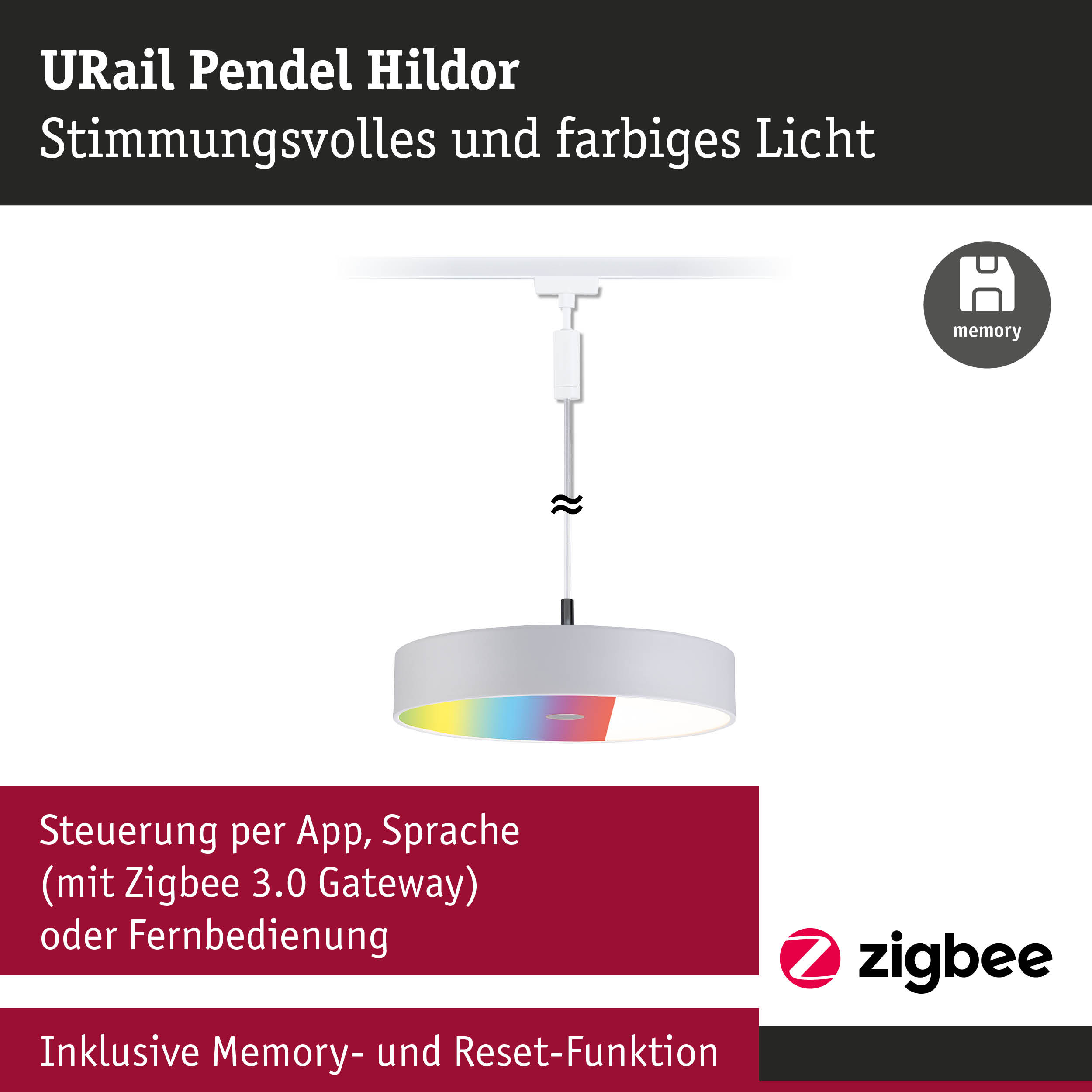 URail Pendel Hildor weiße Pendelleuchte mit farbigem Licht und Zigbee Steuerung per App und Sprache