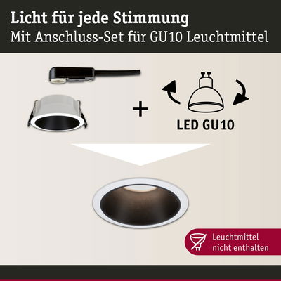 Anschluss-Set für GU10 Leuchtmittel mit weißem Einbaurahmen und schwarzem Innenring für LED-Spots