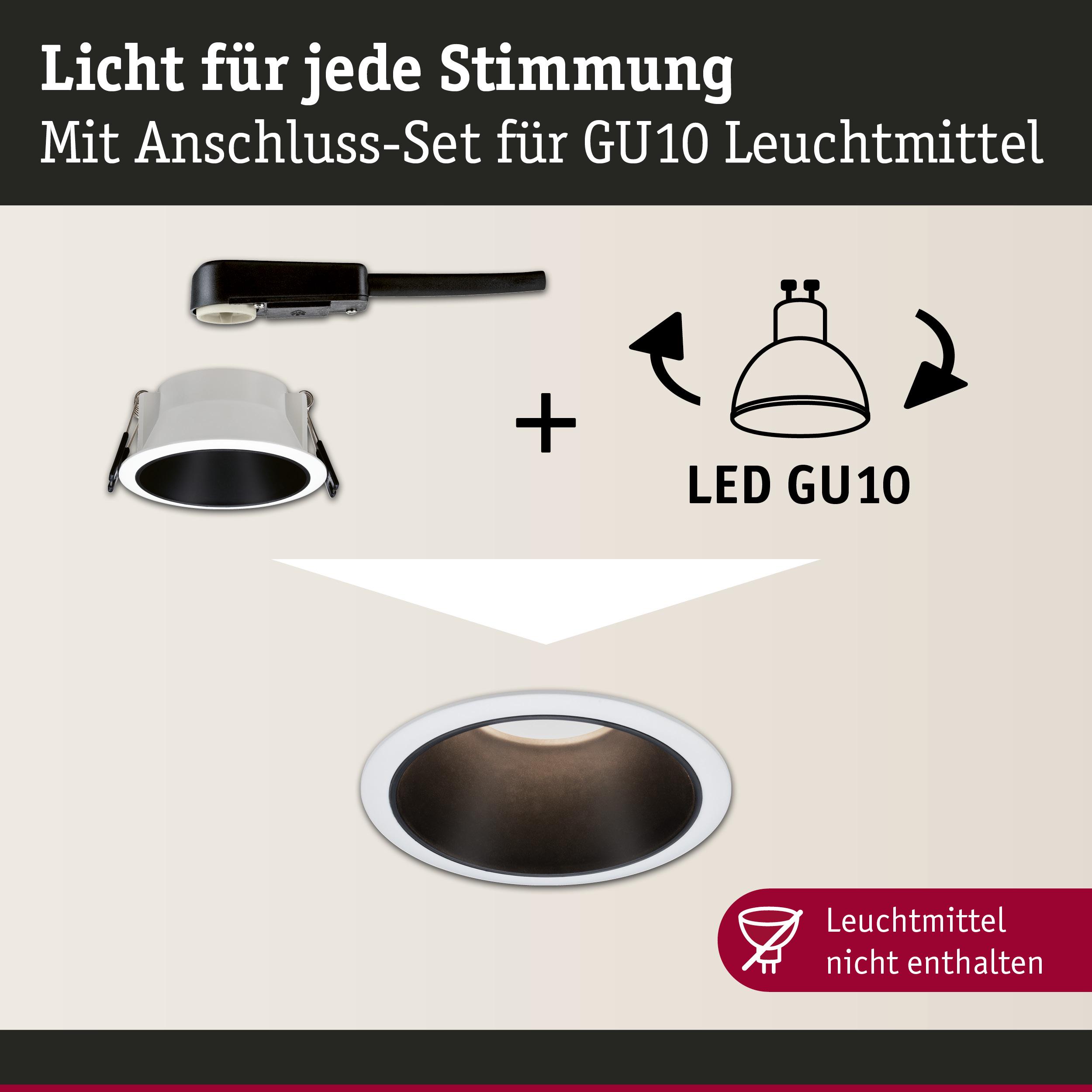 Anschluss-Set für GU10 Leuchtmittel mit weißem Einbaurahmen und schwarzem Innenring für LED-Spots