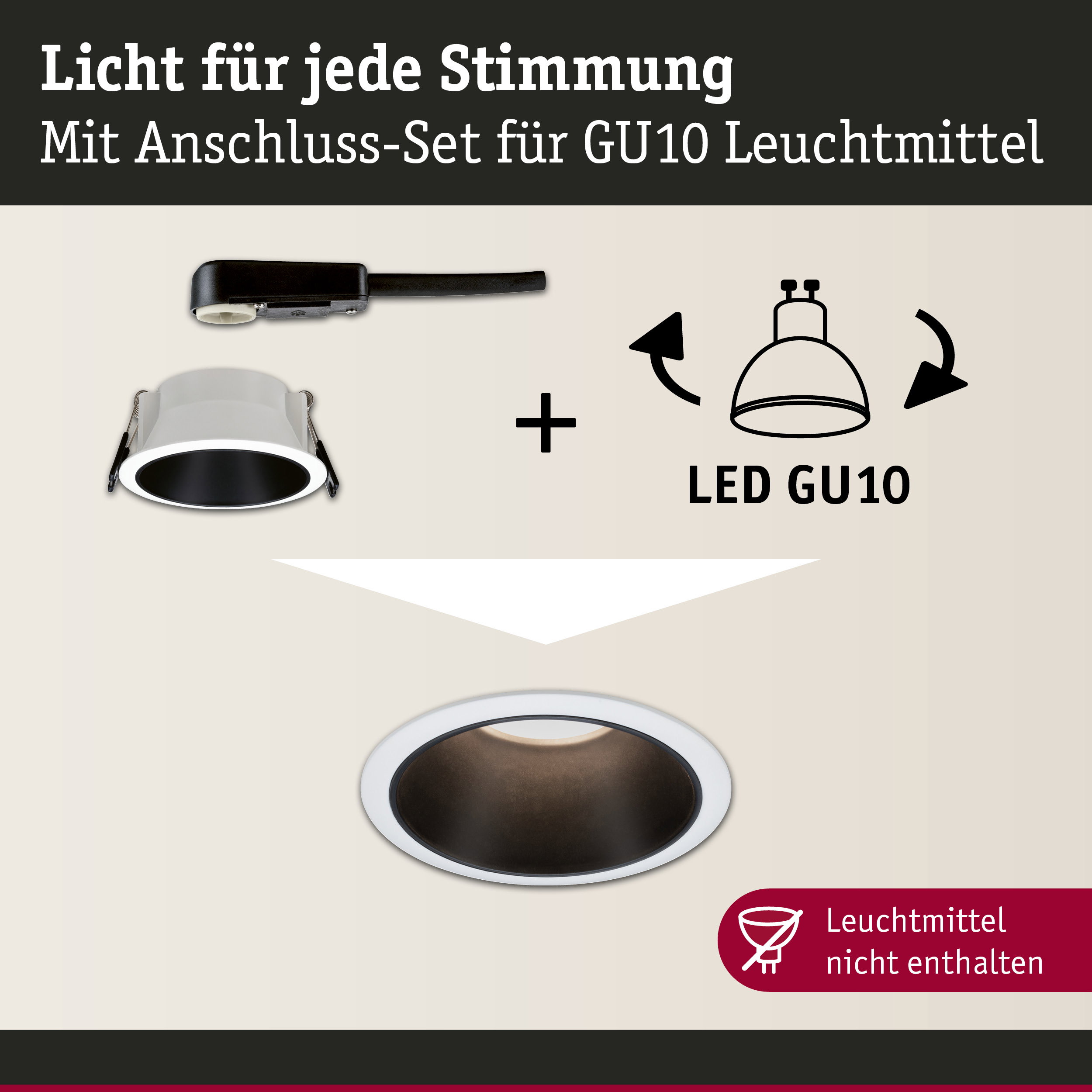 Weißer Einbaustrahler mit schwarzem Innenring und Anschluss-Set für GU10 Leuchtmittel