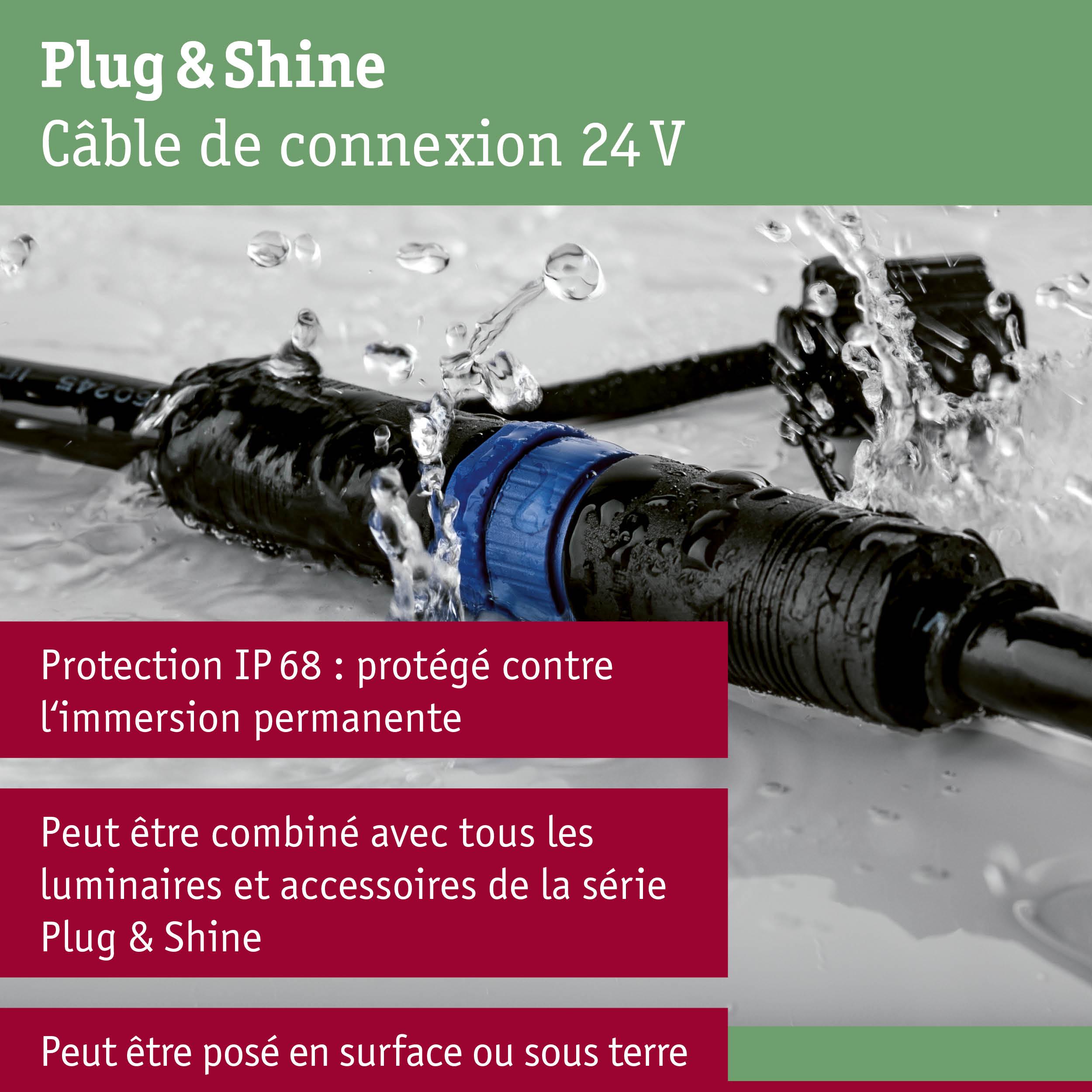 Câble de connexion 24V Plug & Shine noir avec verrou bleu, étanche IP68 pour éclairage extérieur
