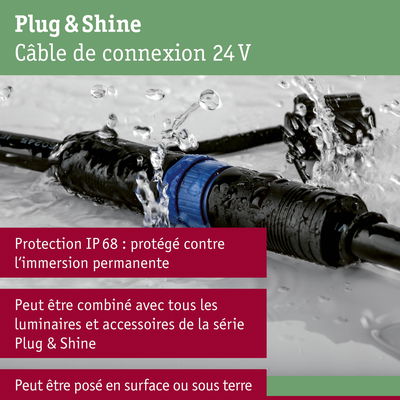 Câble de connexion 24V Plug & Shine noir avec verrou bleu, étanche IP68 pour éclairage extérieur