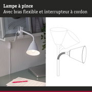 Lampe à pince blanche avec bras flexible et interrupteur à cordon, idéale pour bureau et lecture