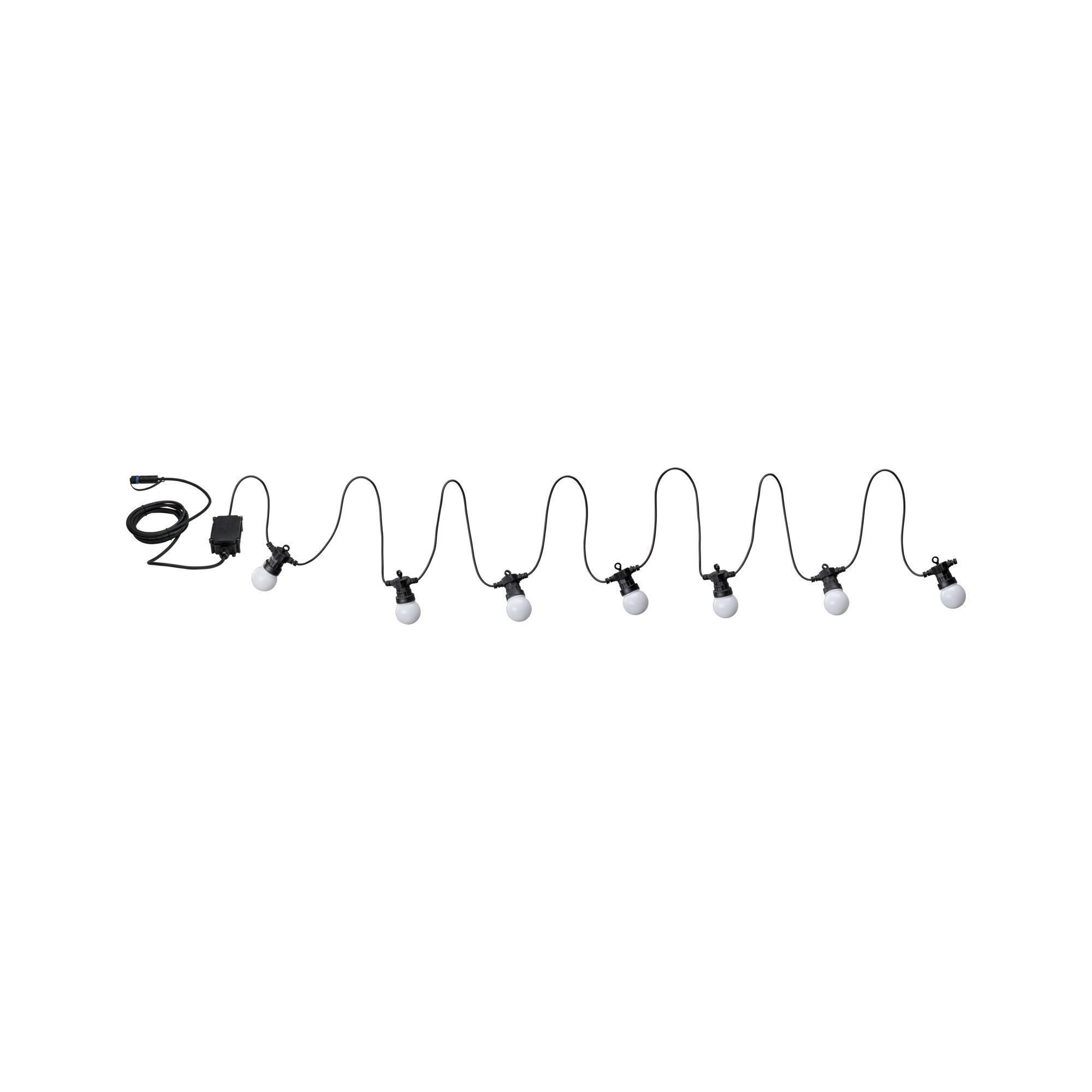 Black string lights with seven white LED bulbs for outdoor lighting and decoration.