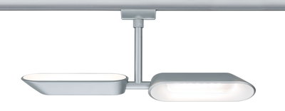 Spot de plafond moderne en métal argenté avec deux lumières ovales pour espaces de vie.