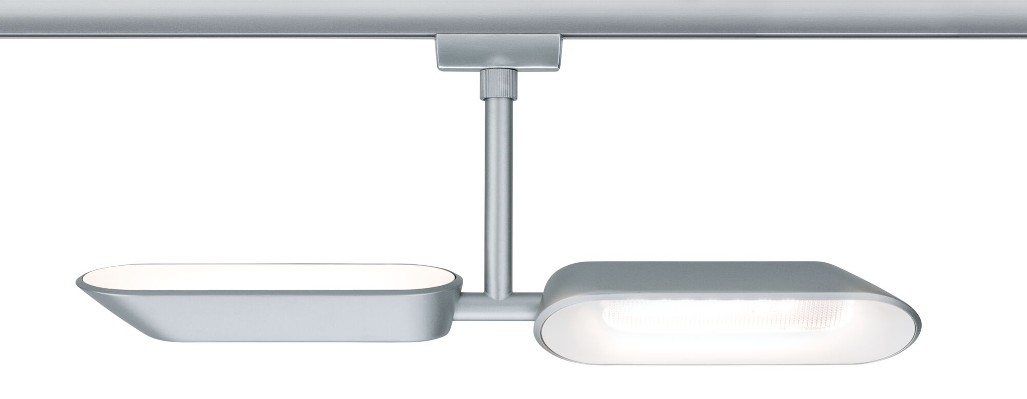 Modern aluminium-coloured LED track system with two oval lights for versatile lighting solutions
