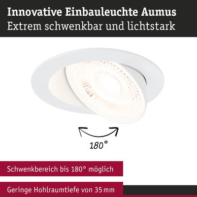 Weiße Einbauleuchte Aumus mit schwenkbarem LED-Spot und 180° Drehbereich für flexible Beleuchtung