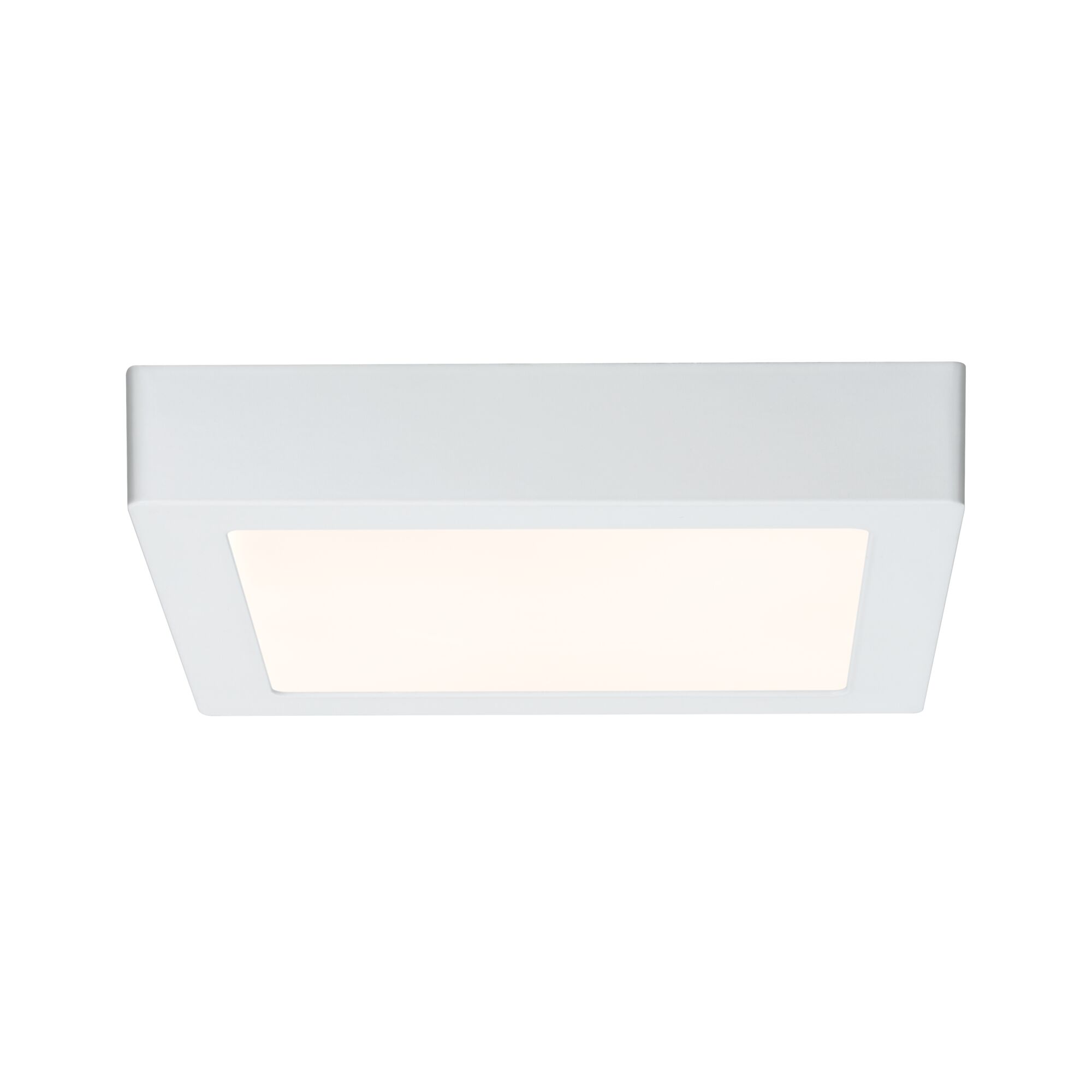 Square white LED ceiling light made of plastic with warm white light for living spaces