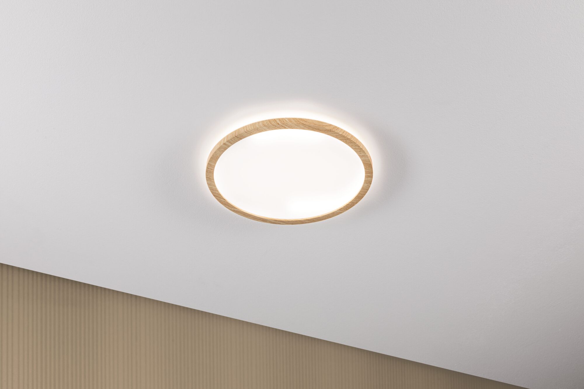 Round ceiling light with wooden frame and warm white light for modern home lighting