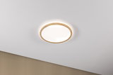 Ronde plafondlamp met houten frame en warm wit licht voor moderne woonverlichting