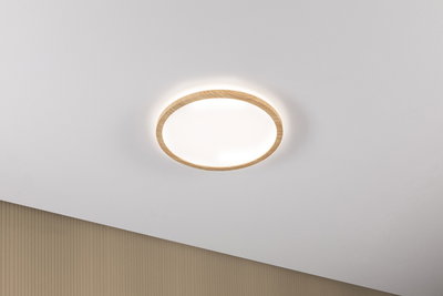 Round ceiling light with wooden frame and warm white light for modern home lighting