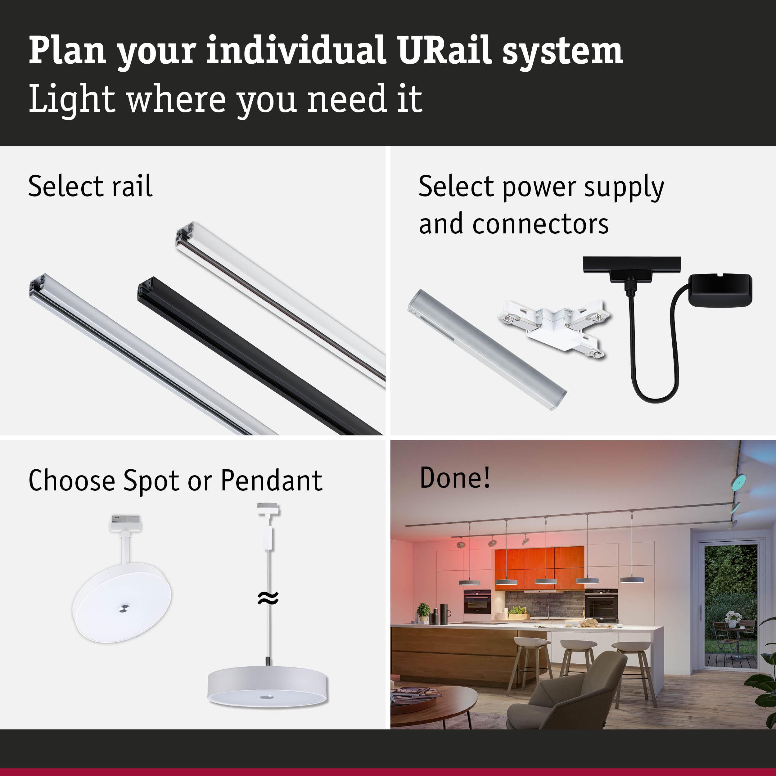 Modular URail system with aluminium rails, connectors, and white spot or pendant lights for customizable lighting
