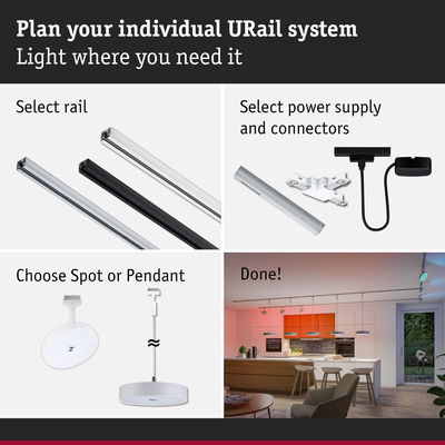 Modular URail system with aluminium rails, connectors, and white spot or pendant lights for customizable lighting