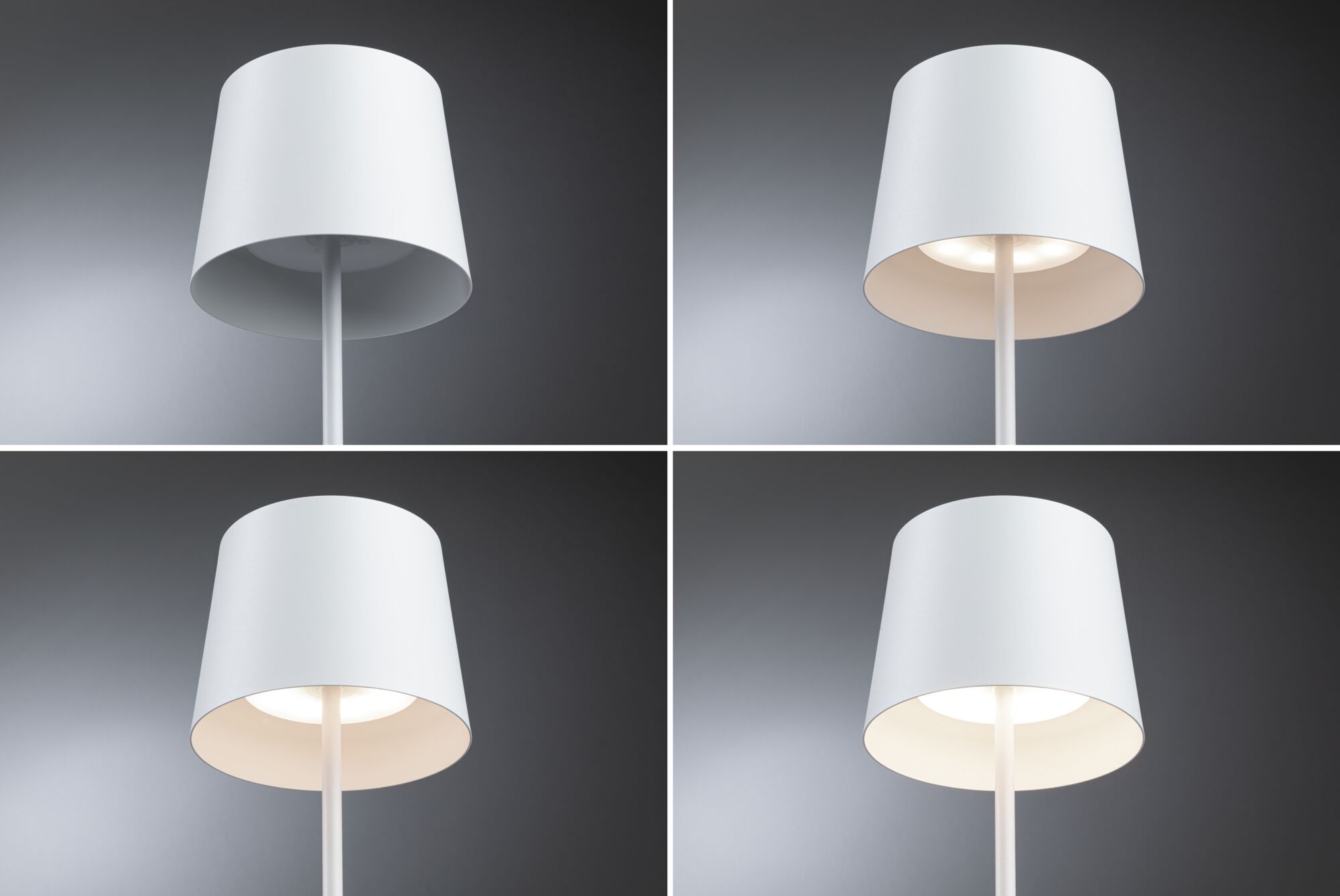 Quatre vues d'une lampe sur pied blanche en métal avec abat-jour simple pour éclairage intérieur