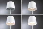 Four views of a white metal floor lamp with simple lampshade for modern home lighting